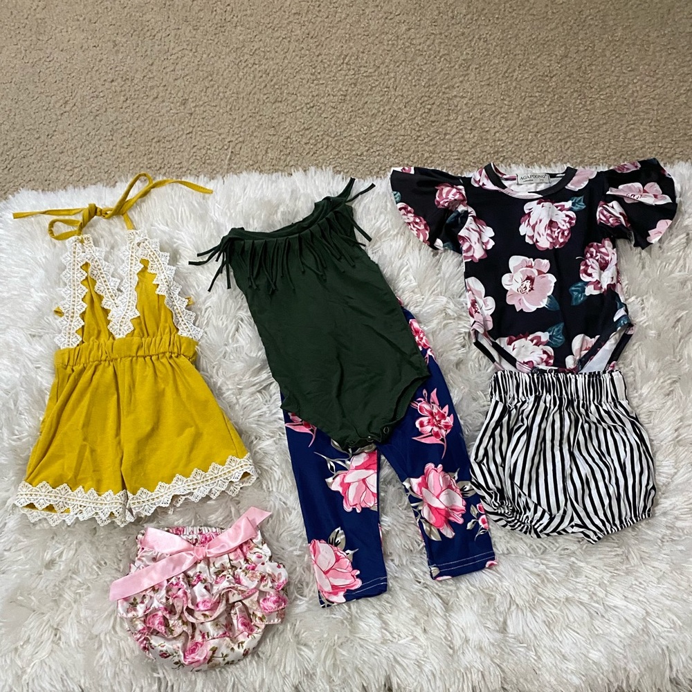 NWOT baby girl 0-3 months set of 3 outfits and satin floral diaper cover